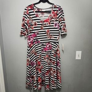 LuLaRoe Nicole Black and White Striped Dress with Red Floral Size 2XL New